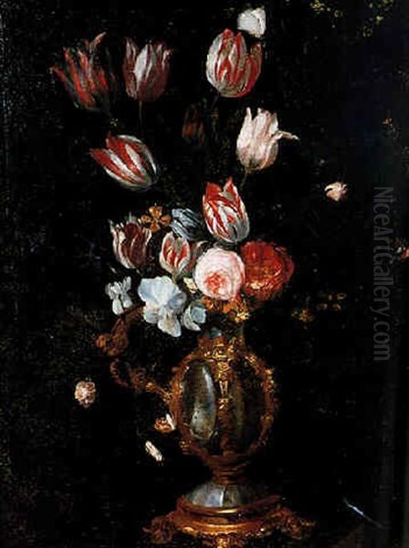 Bouquet De Fleurs Dans Un Vase Sur Un Entablement Oil Painting by Jan van Kessel the Elder