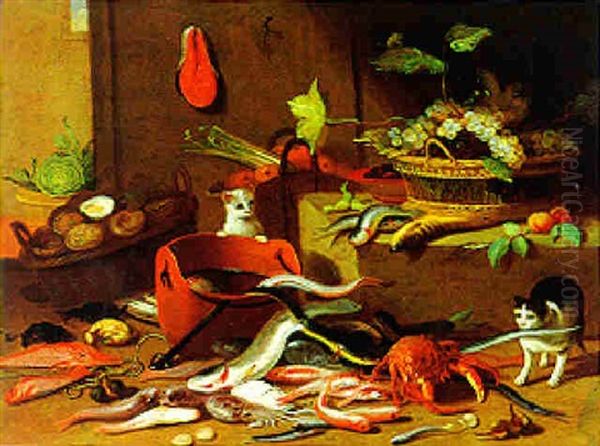 Stilleben Von Weintrauben, Austern Und Fischen Mit Zwei Katzen Oil Painting by Jan van Kessel the Elder