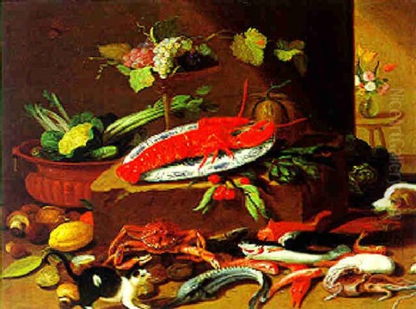 Stilleben Von Feldfruchten, Hummer, Fischen Mit Einem Hund Oil Painting by Jan van Kessel the Elder