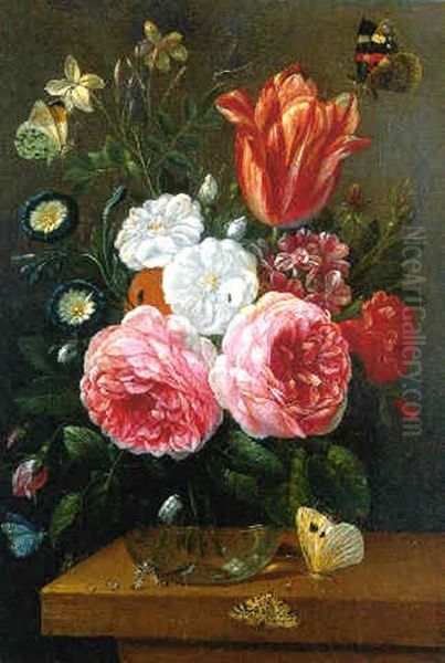 Roses And Other Flowers In A Glass Vase On A Table With Assorted Insects Oil Painting by Jan van Kessel the Elder