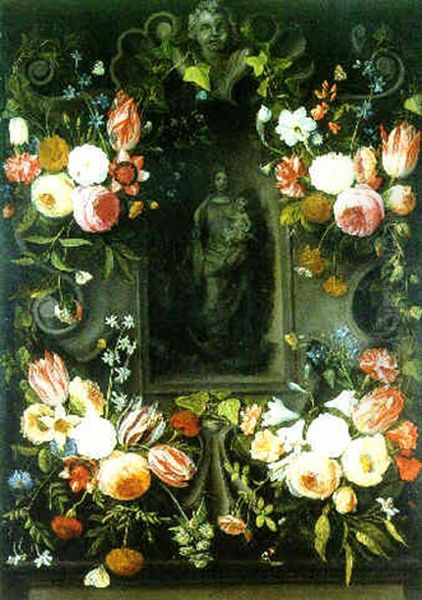 Swags Of Tulips, Roses And Other Flowers Decorating A Stone Cartouche With A Relief Of The Virgin And Child by Jan van Kessel the Elder