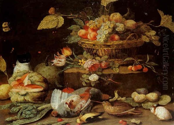 Still Life Of Fruit In A Basket On A Stone Ledge With A Melon, Figs, A Cat, A Hamster, Dead Game And Flowers Oil Painting by Jan van Kessel the Elder