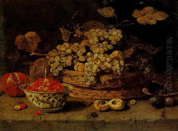 Still Life Of Grapes In A Basket, A Melon, Pomegranate, Figs, And Wild Strawberries In A Blue And White Porcelain Bowl Oil Painting by Jan van Kessel the Elder