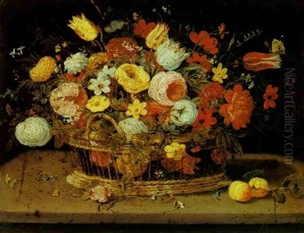 Still Life Of Flowers In A Basket, On A Stone Ledge, With Fruit And Other Flowers Oil Painting by Jan van Kessel the Elder