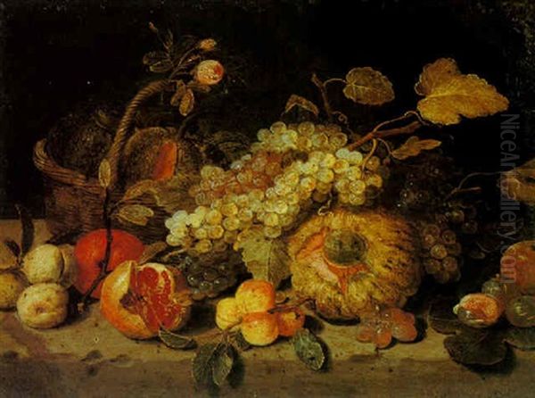 Still Life Of Melons In A Basket, Grapes, Apricots And Other Fruits Oil Painting by Jan van Kessel the Elder