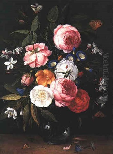 A Still Life Of Roses, Orange Blossom, Jasmine And Convolvulus In A Glass Vase On A Stone Ledge With A Caterpillar, Dragonfly And Butterflies Oil Painting by Jan van Kessel the Elder