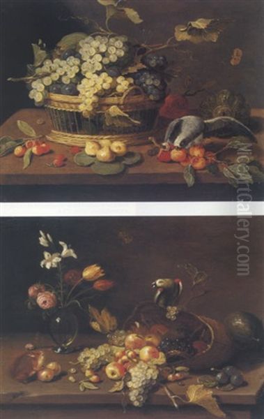 Still Life Of Grapes And Plums In A Basket With Other Fruit And A Parrot, All On A Table Oil Painting by Jan van Kessel the Elder