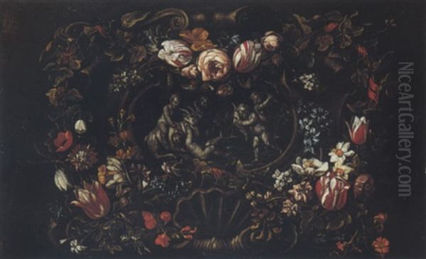 Garland Of Flowers Enclosing Putti En Grisaille, Playing With A Goat Oil Painting by Jan van Kessel the Elder