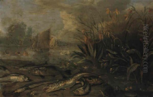 Herons And Waterfowl Near A River With Fish And Reptiles In The Foreground Oil Painting by Jan van Kessel the Elder