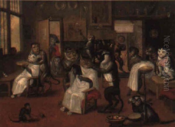 The Monkeys' Barber Shop Oil Painting by Jan van Kessel the Elder