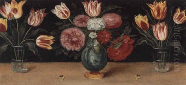 Bouquets De Tulipes Et Roses Sur Un Entablement Oil Painting by Jan van Kessel the Elder