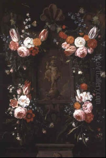 Swags Of Tulips And Other Flowers On A Stone Cartouche With Insects Oil Painting by Jan van Kessel the Elder