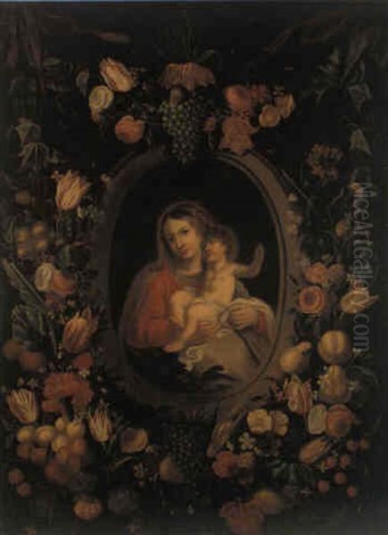 Blumen- Und Fruchtegirlande Um Eine Kartusche, Madonna Mit Kind Oil Painting by Jan van Kessel the Elder