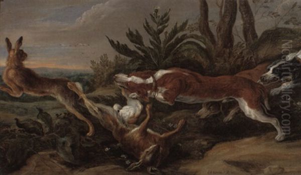 Hounds Chasing Hares In A Landscape Oil Painting by Jan van Kessel the Elder