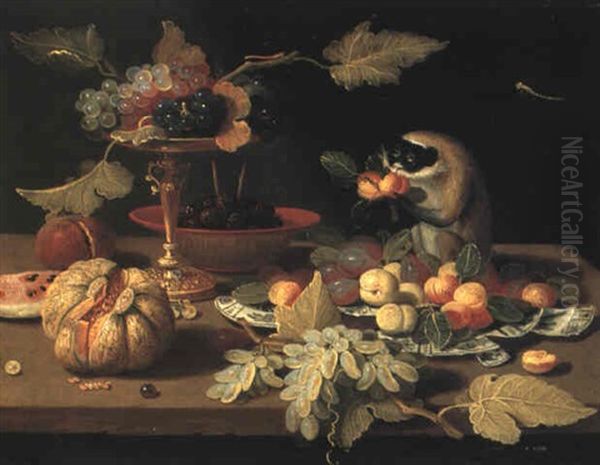 Grapes In A Tazza, Raspberries And Fruit With A Monkey On A Table Oil Painting by Jan van Kessel the Elder