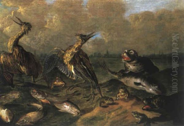 Reiher, Seehund, Fische Und Froesche In Einer Landschaft Oil Painting by Jan van Kessel the Elder