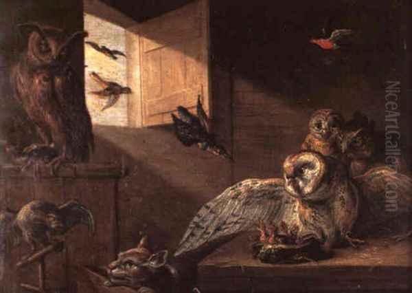 Oiseaux Et Chat Oil Painting by Jan van Kessel the Elder