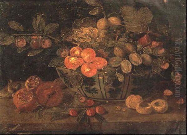 Fruits Dans Une Coupe En Porcelaine De Chine, Fleurs Dans   Un Vase, Figues Sur Un Entablement Avec Un Ecureuil Oil Painting by Jan van Kessel the Elder