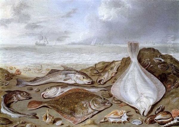 Nature Morte De Poissons Au Bord D'un Rivage Oil Painting by Jan van Kessel the Elder