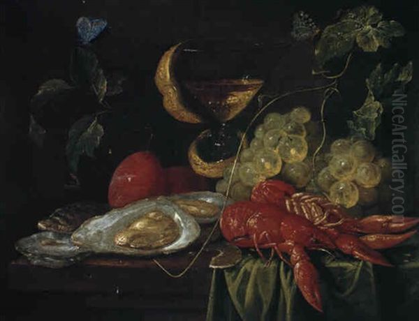 Still Life With A Lobster, A Glass Of Wine, Grapes, Oysters, Plums, A Lemon Rind, On A Table... Oil Painting by Jan van Kessel the Elder