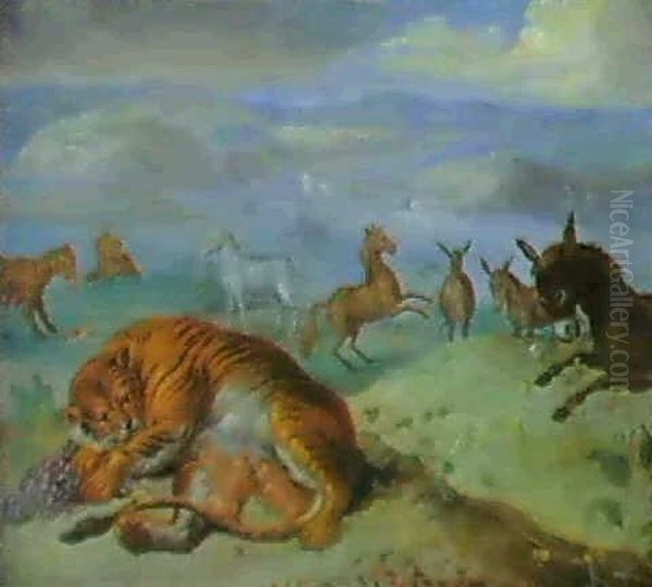 (2) A Lioness Suckling Her Cubs, Zebras, Leopards And Other Beasts... - Bears And Other Animals In A Landscape... Oil Painting by Jan van Kessel the Elder