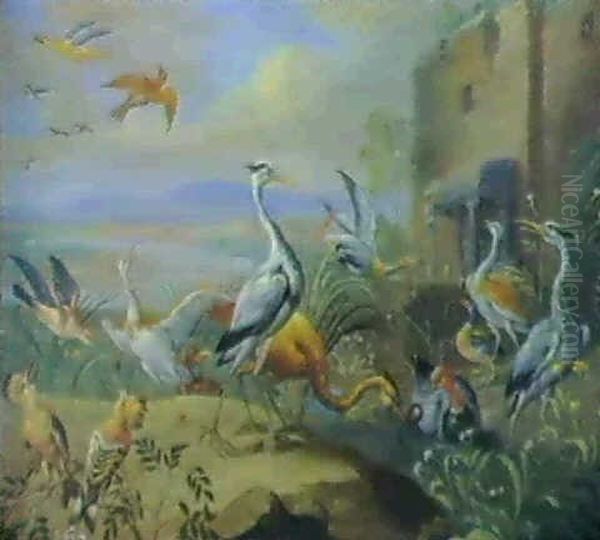 (2) Herons, Other Waders And Hoopoes In A Landscape -        Assorted Birds Including Grows In A Landscape Oil Painting by Jan van Kessel the Elder