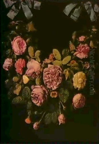 A Swag Of Roses Suspended From Blue Ribbons Oil Painting by Jan van Kessel the Elder