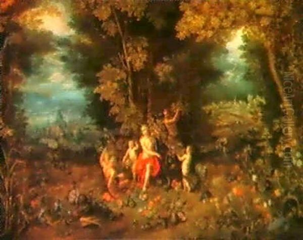 Waldlandschaft Mit Pomona, Einem Satyr Und Putten,im Vordergrund Feldfruchte Und Blumen... by Jan van Kessel the Elder