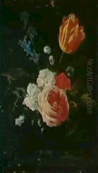 Roses Et Tulipe Dans Un Vase De Verre Oil Painting by Jan van Kessel the Elder