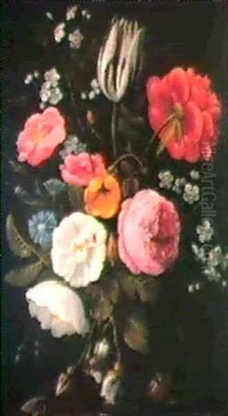 Roses, Pivoine, Tulipe, Fleursde Cerisier Et Centauree Dans Un Vase Translucide Oil Painting by Jan van Kessel the Elder