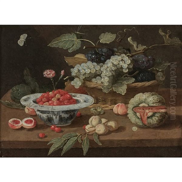 Nature Morte Aux Raisins, Fraises, Melon, Artichauts Sur Un Entablement Oil Painting by Jan van Kessel the Younger