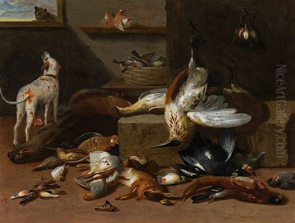 Hunting Still Life With Dog And Cat Oil Painting by Jan van Kessel the Younger