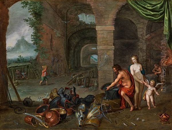 Allegory Of Fire (venus And Cupid In The Forge Of Vulcan) Oil Painting by Jan van Kessel the Younger