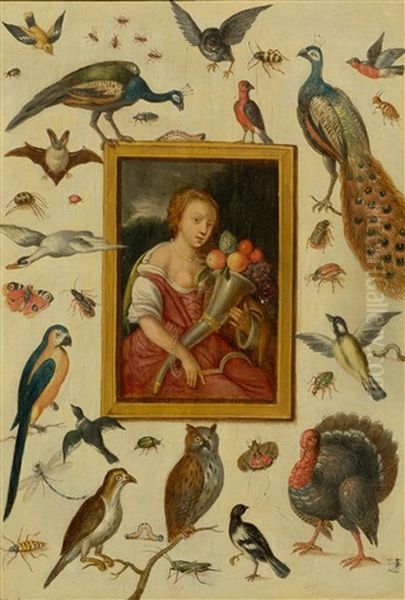 Allegory Of Abundance With Trompe L'oeil Painting And Numerous Animals Oil Painting by Jan van Kessel the Younger