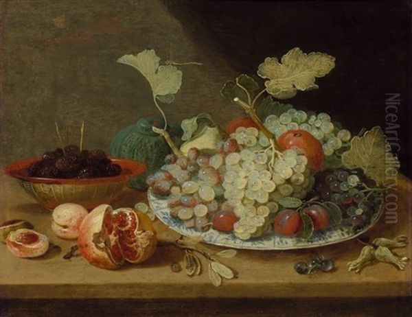 Plat De Fruits Et Bol De Mures Sur Un Entablement Oil Painting by Jan van Kessel the Younger