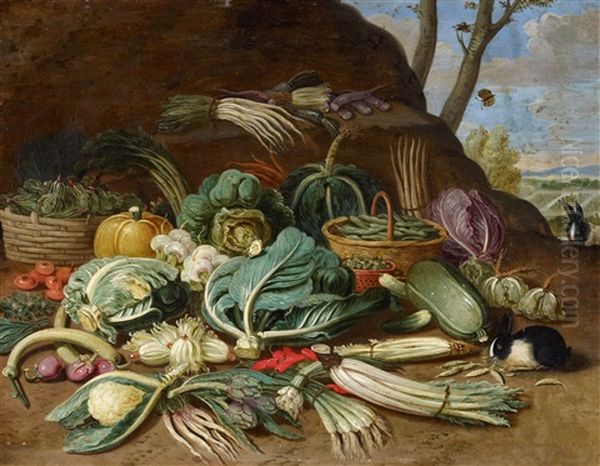 Still Life With Vegetables And A Rabbit Still Life With Fish And Cats In The Kitchen Oil Painting by Jan van Kessel the Younger