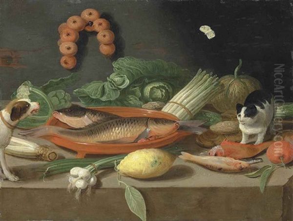 Carp In A Terracotta Dish, With Oysters, Asparagus, Cabbage, Onions, A Lemon And Other Fish And Vegetables, With A Butterfly, A Cat And Dog, On A Ledge Oil Painting by Jan van Kessel the Younger