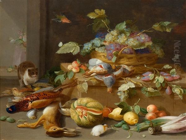 Still Life Of Fruits With Cat And Wild Animals Oil Painting by Jan van Kessel the Younger