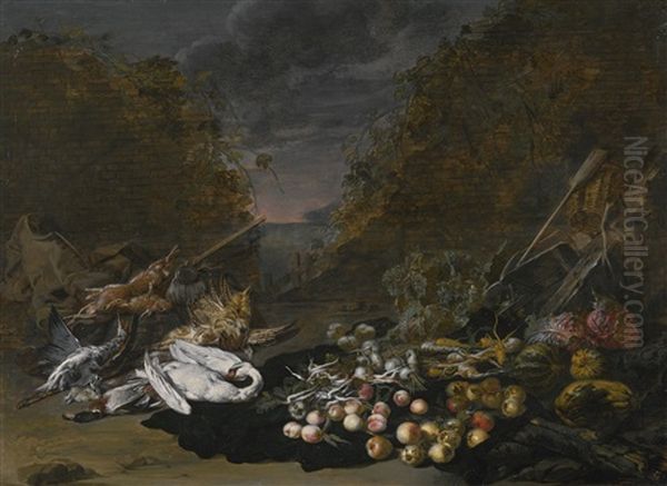 A Still Life Of A Swan And Other Birds, With Rabbits, Fruit And Vegetables And A Landscape Beyond Oil Painting by Jan van Kessel the Younger