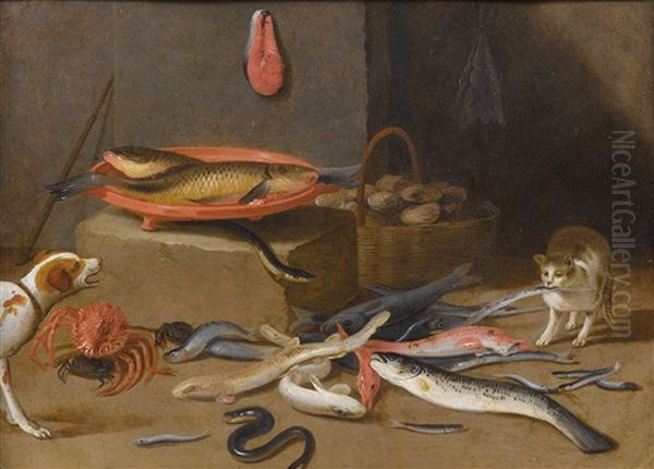 Still Life Of Eels, Sea Shells, Cat And Dog; And Still Life With A Hare, Pheasant And Duck Oil Painting by Jan van Kessel the Younger