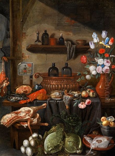 Kuchenstillleben Mit Fleischstucken, Hummer, Weinkuhler Und Blumen Oil Painting by Jan van Kessel the Younger