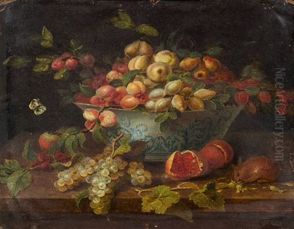 Blumenkorb Mit Papagei (+ Porzellanschale Mit Obst Und Eichhornchen; Pair) Oil Painting by Jan van Kessel the Younger