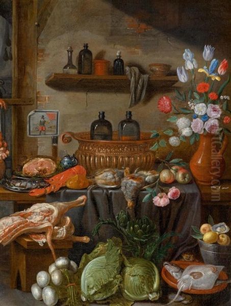 Jagdstillleben Mit Gemuse Und Blumenstrauss Oil Painting by Jan van Kessel the Younger