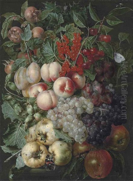 Grapes, Peaches, Hazelnuts, Quinces, Redcurrants And Other Fruit, With A Brimstone Butterfly, A Bumblebee And Other Insects On A Stone Capital by Jan van Kessel the Younger