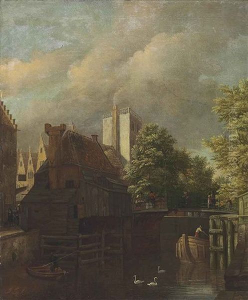 An Amsterdam Canal Scene Oil Painting by Jan van Kessel the Younger