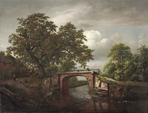 A Wooded River Landscape With A Traveller Crossing A Stone Bridge Near An Oak Tree And A Farm House Oil Painting by Jan van Kessel the Younger