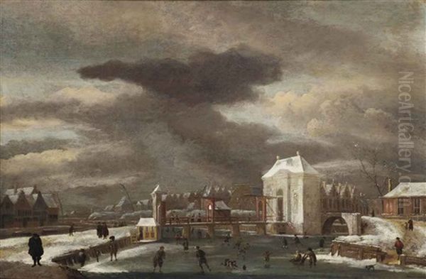 A Winter Landscape With A View Of The Heiligewegpoort, Amsterdam, With Figures Skating On The Singel Oil Painting by Jan van Kessel the Younger