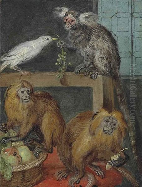 Two Orange Tamarins With A Fruit Basket And A Ring Tailed Lemur, With Fruit In An Interior by Jan van Kessel the Younger