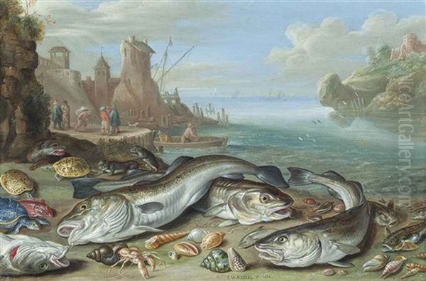 A Harbour Scene, With Fish, Crustaceans, Shells, Otters, Tortoises And Turtles On A Beach, Fishermen Beyond Oil Painting by Jan van Kessel the Younger