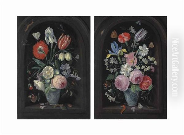 Roses, Morning-glories, A Carnation, An Iris And Other Flowers In A...; Roses, An Iris, A Carnation, A Tulip And Other Flowers In A... (pair) Oil Painting by Jan van Kessel the Younger